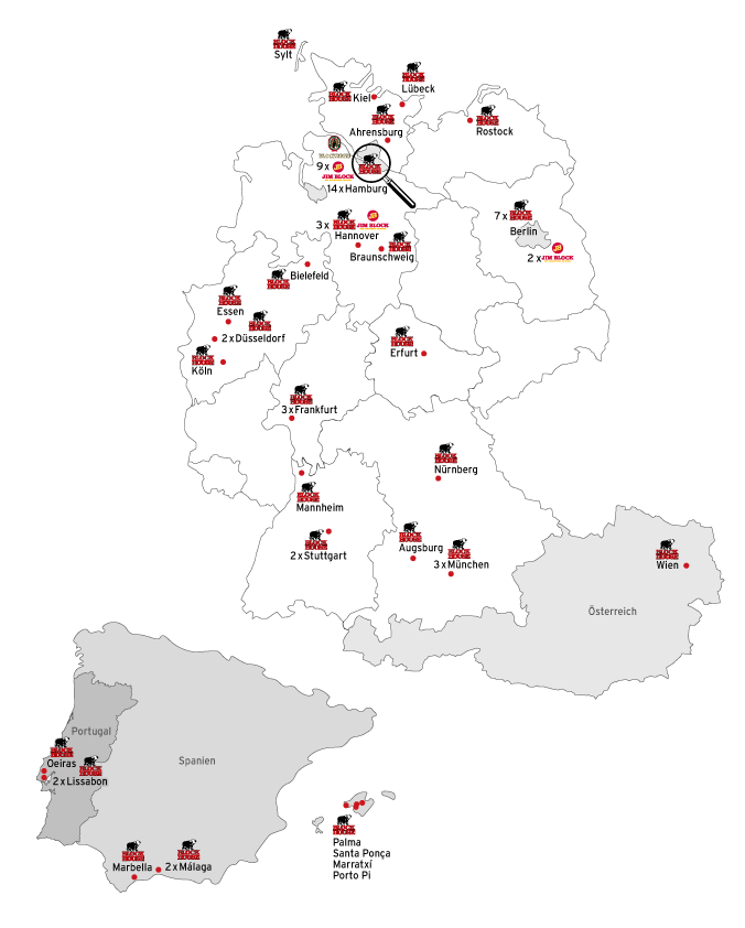 Deutschlandkarte mit Standorte des BLOCKBRÄU, Jim Block und BLOCK HOUSEStandortkarte Deutschlandkarte mit Standorten des BLOCKBRÄU, Jim Block und BLOCK HOUSEStandortkarte